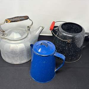 Lot #61 - Vintage Enamelware Coffee Pots Lot - Blue and Black with Aluminum Kettle.