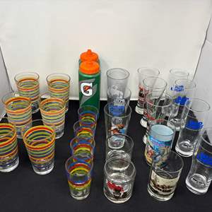 Lot #64 - Vintage Glassware Collection - Gatorade, Beer Pint Glasses & Shot Glasses.