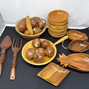 Lot #78 - Wooden Kitchenware Lot - Bowls, Utensils, and Decorative Items.