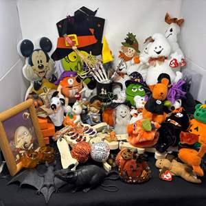 Lot #126 - Halloween Collectibles Lot - Plush Toys, Decorations, and More.