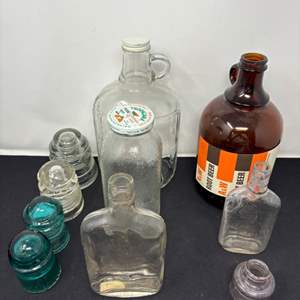 Lot #129 - Vintage Bottle & Insulater Collection - Glass Bottles, Jug, Miniatures, and More.