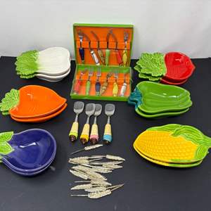 Lot #160 - Vintage Ceramic Vegetable Plates and Utensil Set