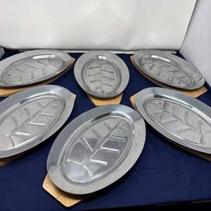 Lot #6 - Six Vintage "Aluminum Housewares" Fish Serving Platters w/ Wood Bases