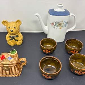 Lot #168 - Vintage Kitchenware Lot - Ceramic Teapot, Bear Figurine, and Glazed Bowls.