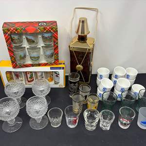 Lot #170 - Vintage Glassware Lot - Assorted Drinkware, Crystal Stemware & Decorative Lantern Decanter.