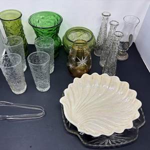 Lot #171 - Vintage Glassware Collection - Assorted Colored Vases, Tumblers & Bowls.