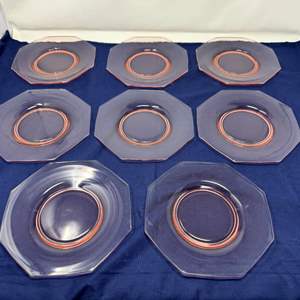 Lot #18 - Vintage 1930s Art Deco Pink Glass Plate Set - 8 Pieces.