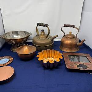 Lot #22 - Vintage Copper Kitchenware Lot - Teapots, Colander, and More.