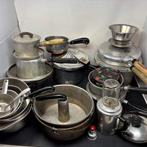 Lot #223 - Vintage Cookware Lot - Assorted Aluminum Pots, Pans, and Kitchen Tools.