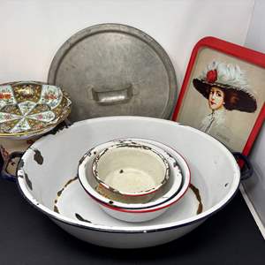 Lot #228 - Vintage Kitchenware Lot - Enamel Bowls, Serving Tray, and Decorative Plate.