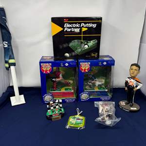 Lot #29 - Sports Memorabilia Lot - Electric Putting Partner, Bobblehead, and Collectible Figurines.