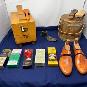 Lot #103 - Vintage Shoe Care Lot - Wood Shoe Trees, Polish, and Accessories.