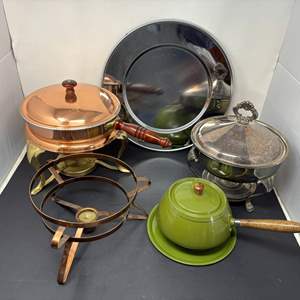 Lot #234 - Vintage Cookware Lot - Copper, Chrome & Green Pots.