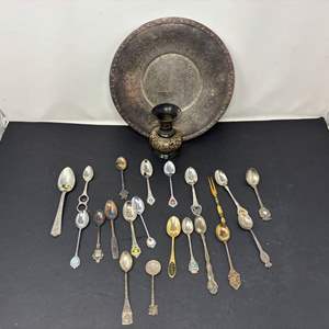 Lot #237 - Antique Silverware Collection - Spoons & Decorative Tray. (Two Sterling Silver Spoons)