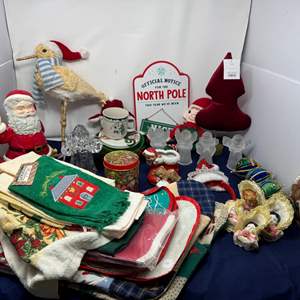 Lot #140 - Christmas Decor Lot - Vintage Santa, North Pole Sign, Holiday Textiles & More