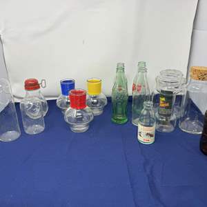 Lot #185 - Vintage Glass Snack Beakers, Glasbake Coffee Hottles, Bottles, Canisters & More