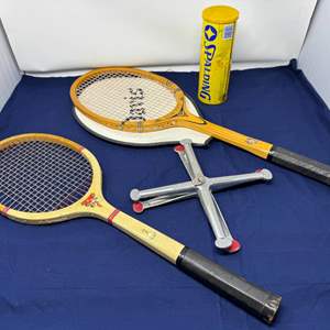 Lot #196 - Vintage Tennis Equipment Lot - Spalding & Wilson Racquets with Ball Can.