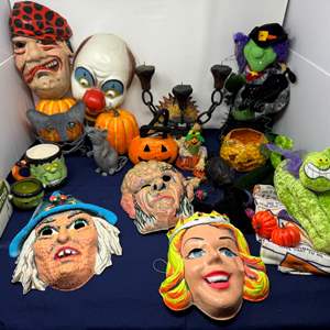 Lot #213 - Vintage Halloween Decoration Lot - Masks, Pumpkins, and more.