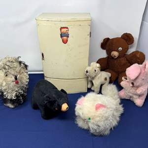 Lot #216 - Vintage Wolverine Children's Mini Refrigerator & Antique Stuffed Animals 