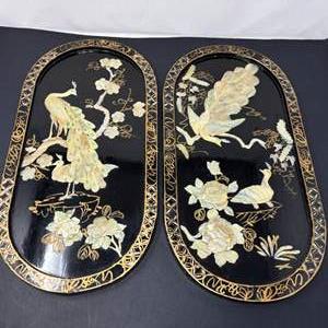 Lot #232 - Vintage Japanese Lacquered Trays - Pair with Inlaid Mother of Pearl Design.