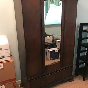 Lot # 46 - Nice antique wood wardrobe, bevel mirror, dovetail drawer. (contents not included). 41.25x18.25x72.75 hi