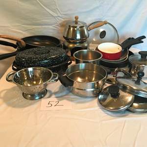 Lot # 52 - Misc. pots & pans, fondue set, Calphalon & more