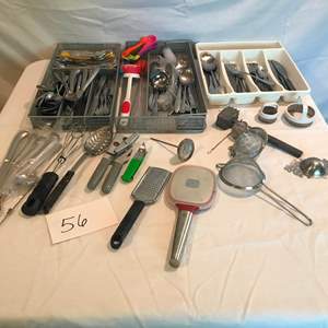 Lot # 56 - Silverware & tray. Utensil holders, cookie cutters, much more