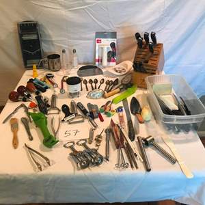 Lot # 57 - Knife block, can openers, wine openers, s&p shakers, wine stoppers, grater, meat tenderizers, much more