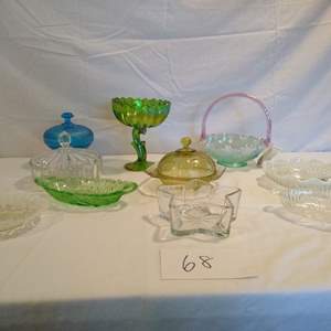 Lot # 68 - Fenton glass basket, Carnival glass, many candy dishes various shapes & sizes