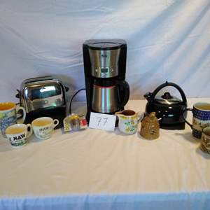 Lot # 77 - Melitta Coffee pot, vintage toaster, teapot & coffee mugs, more