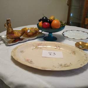 Lot # 83 - 24K gold small plate. Gold trim egg plate, 24K gold small pitcher, blue fruit bowl, Carnival glass