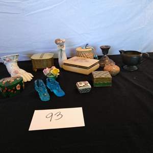 Lot # 93 - Wood/Marble Trinket boxes, glass shoes, sterling candle holder, ceramic hand, basket w/turquoise, more