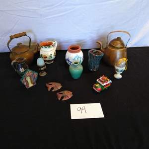 Lot # 94 - Two copper teapots, clay vases, 3 metal fish & more