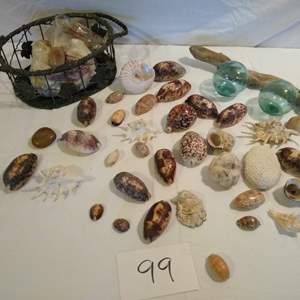 Lot # 99  - Basket with bags of rocks, shells & glass floats