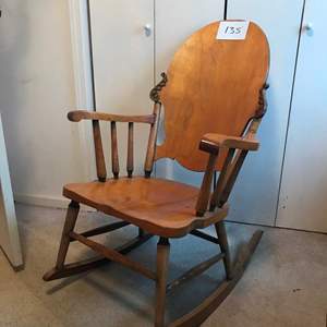 Lot # 135 - Antique rocking chair. 24x31.5x37 hi. (Long gouge in backrest-not cracked)