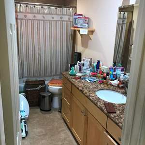 Lot # 154 - Bathroom: perfumes, soaps, meds, med supplies hamper, BP testers, new toilet seat, more