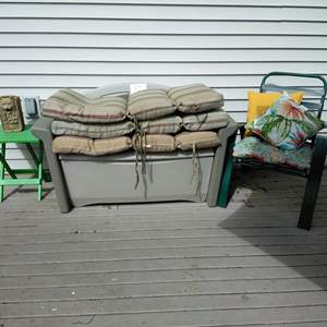 Lot # 171 - Rubbermaid storage bench, 24x14x33hi, chair/pads, chair, green table 18.5sq x17hi. 