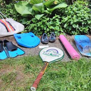 Lot # 175 - Sports gear: signed tennis racket, 2 pr swim fins, water shoes, yoga mat, float