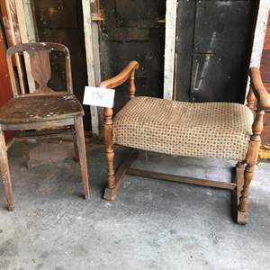 Lot # 178 - Antique/vintage bench/chair, 27x22x24hi. Small walnut chair 15x14x28.5hi