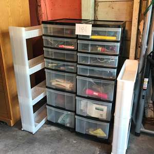 Lot # 181 - Two 7 drawer storage bins filled with tools & art supplies. 2 storage racks, need cleaning