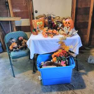 Lot # 197 - Autumn: dried flowers, tin/glass pumpkins, candle holder, lights