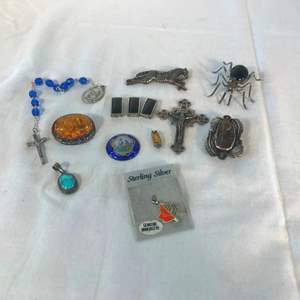 Lot # 298 - E. Spencer Sterling Silver Spider Brooch, Misc Sterling Silver Brooches, Pendants & More.