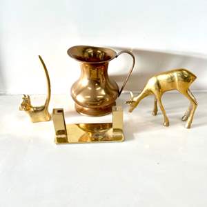 Lot #4 Lot of Brass Desk Items: Doggie Ring Holder, Business Card Holder, and a Deer