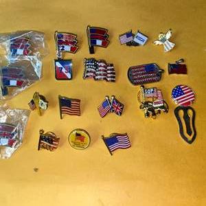 Lot #62 Lot of (1) GOP Pin, (1) Flag Charm, (1) Flag Dog Tag, (1) Flag Bookmark, (6) American Flag Pins & (7) Miscellaneous Pins