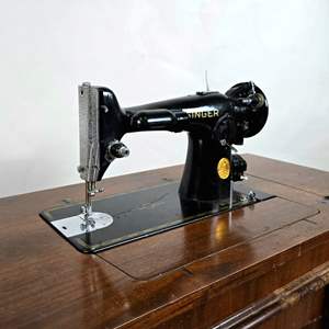 Lot #2 Mid Century Singer 201-2 Sewing Machine with Art Deco Cabinet - Turns on, Untested