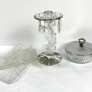 Lot #4 Vintage Glass and Silver Overlay Candle Holder, Glass Bowl with Silver Lid & Assorted Vanity Trays