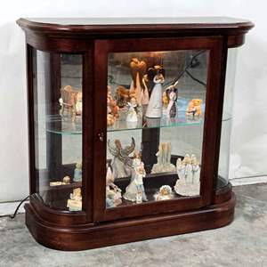 Lot #19 Vintage Bent Glass Curio Cabinet with Internal Light Fixture and Figurine Assortment