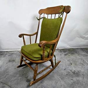 Lot #20 Vintage Wood Rocking Chair with Green Cushions