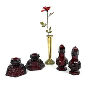 Lot #24 Avon Ruby Red Glassware Candle Holders, Vase and Salt & Pepper