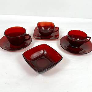 Lot #25 Avon Ruby Red Glassware Three Cup and Saucer Sets and bowl